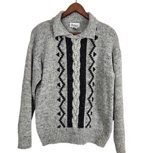 Vintage 90s Marled Collared Geometric Wool Blend Shoulder Pad Sweater Size M